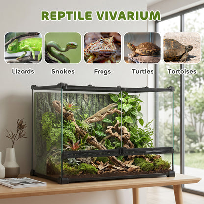 Reptile Glass Terrarium, Reptile Vivarium with Tree Bark Background, Front Ventilation, Escape-Proof Knob Lock, Glass Enclosure for Lizards, Horned Frogs, Snakes, 50 x 30 x 35 cm, Black