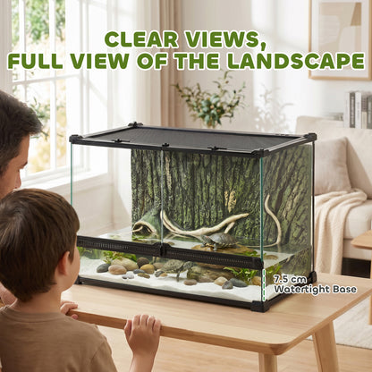 Reptile Glass Terrarium, Reptile Vivarium with Tree Bark Background, Front Ventilation, Escape-Proof Knob Lock, Glass Enclosure for Lizards, Horned Frogs, Snakes, 50 x 30 x 35 cm, Black