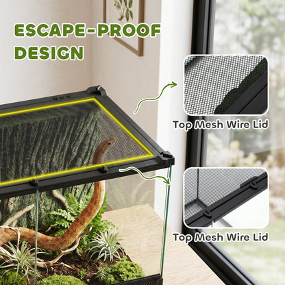 Reptile Glass Terrarium, Reptile Vivarium with Tree Bark Background, Front Ventilation, Escape-Proof Knob Lock, Glass Enclosure for Lizards, Horned Frogs, Snakes, 50 x 30 x 35 cm, Black