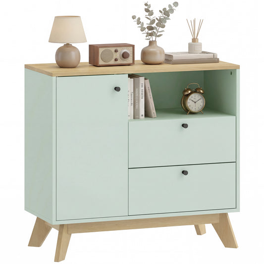 Sideboard, 80 cm Buffet Cabinet with 2 Drawers, Light Green and Oak