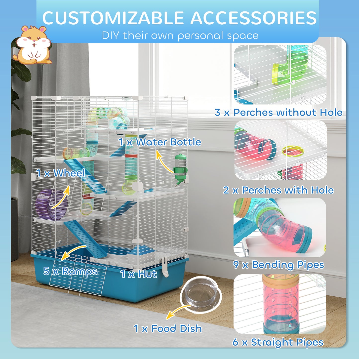 6 Tier Hamster Cage with Twin Tower and Accessories, Light Blue