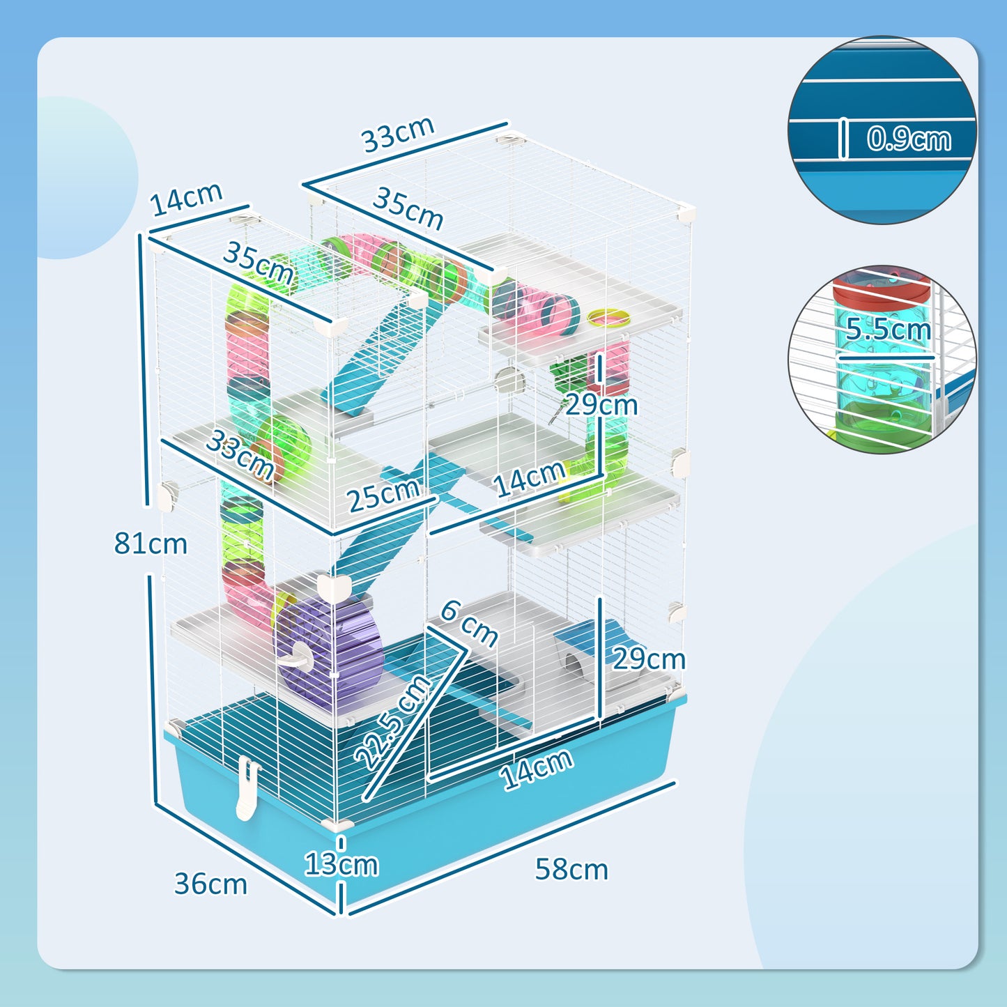 6 Tier Hamster Cage with Twin Tower and Accessories, Light Blue