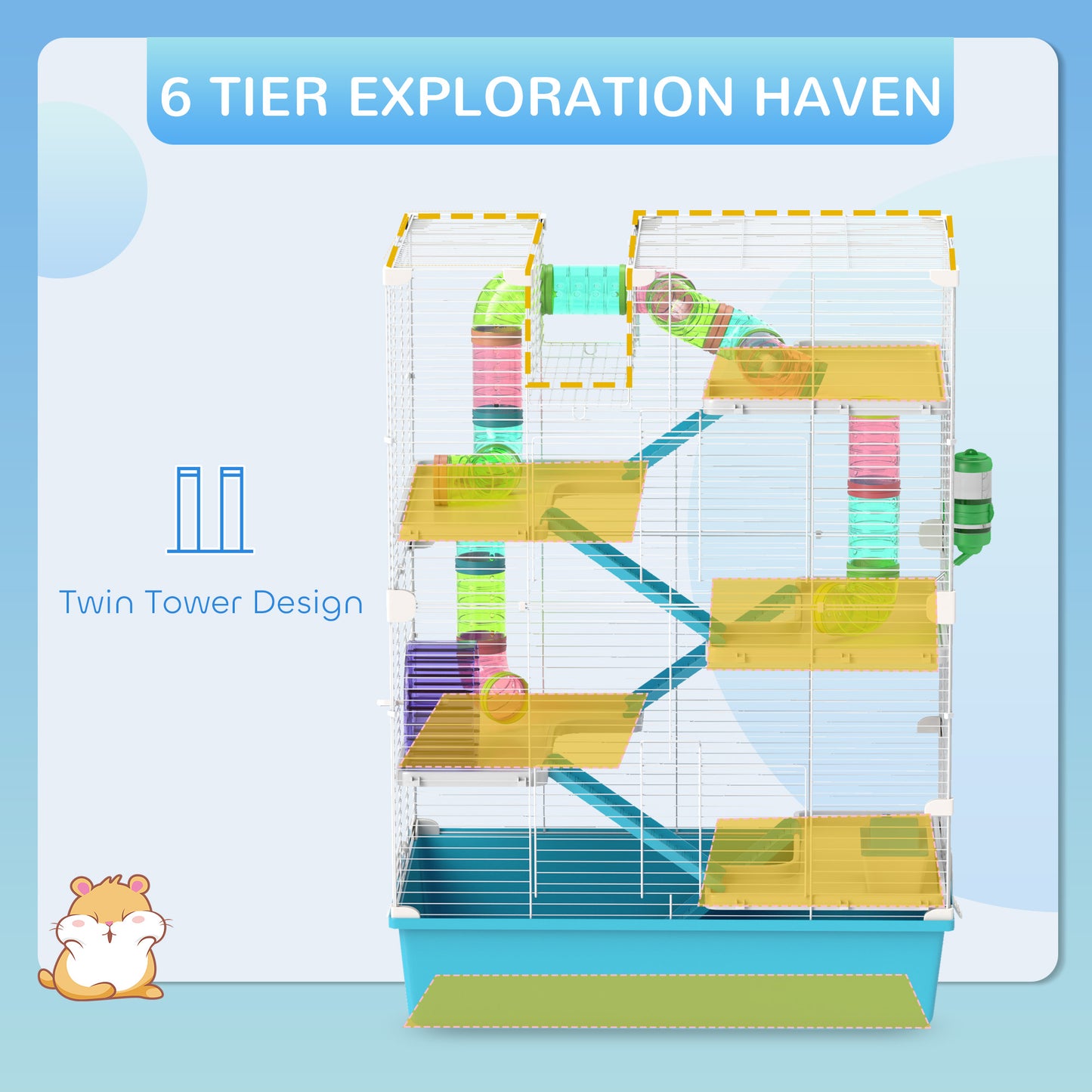 6 Tier Hamster Cage with Twin Tower and Accessories, Light Blue