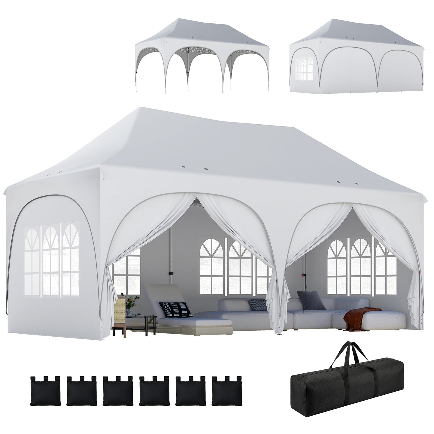 3 x 6m Pop Up Gazebo with Sides, Peak Top Garden Party Tent Marquee