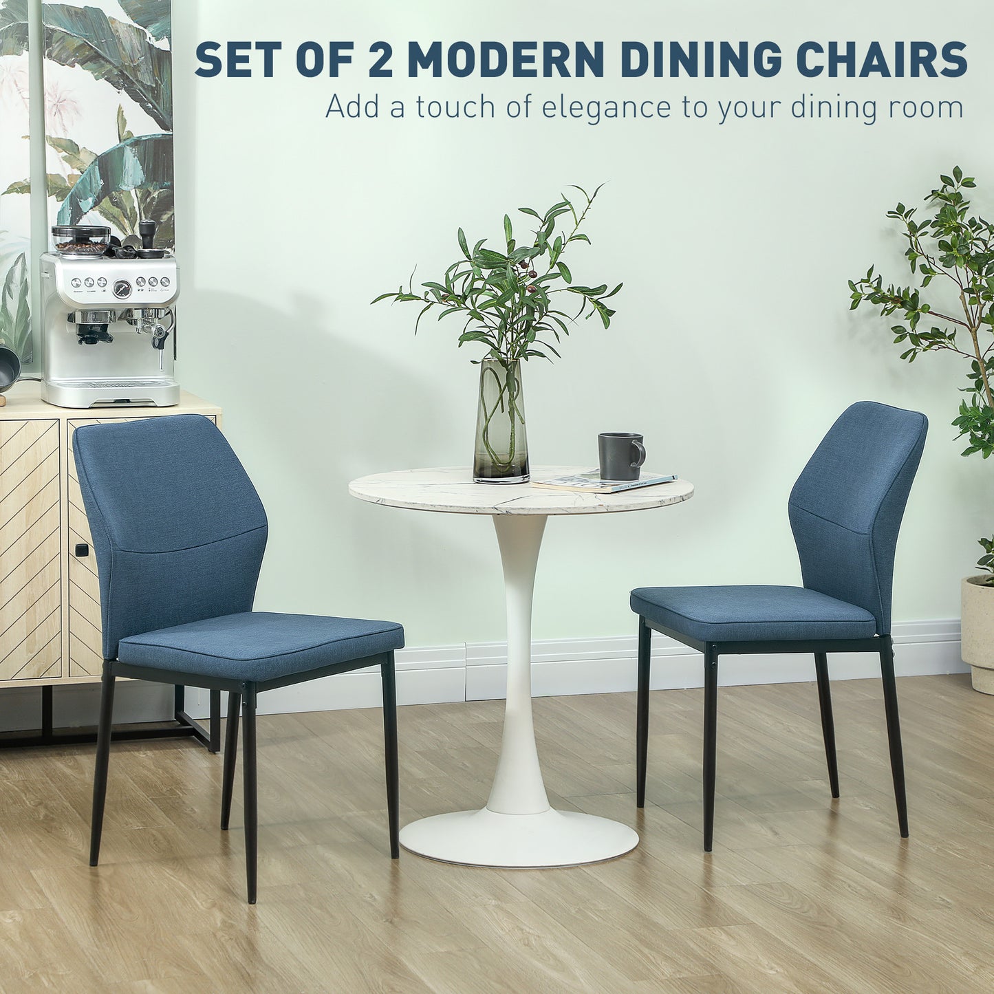 Set of 2 Dining Chairs with Curved Back Padded Seat for Kitchen Blue