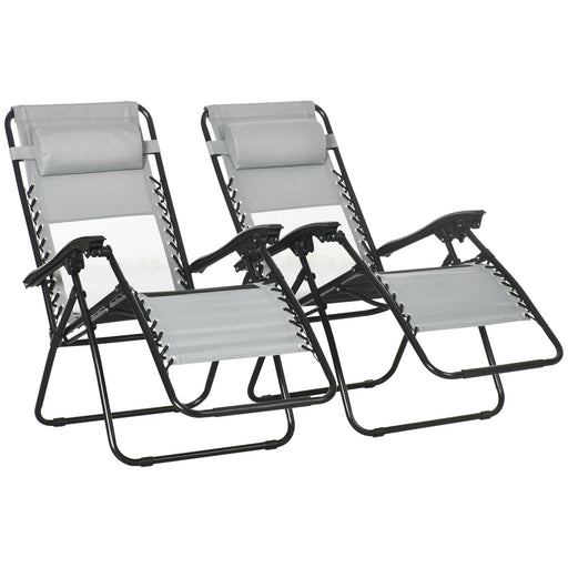 Garden Recliner Chairs Set of 2, Outdoor Foldable Zero Gravity Chairs Set w/ Footstool and Detachable Headrest, Grey