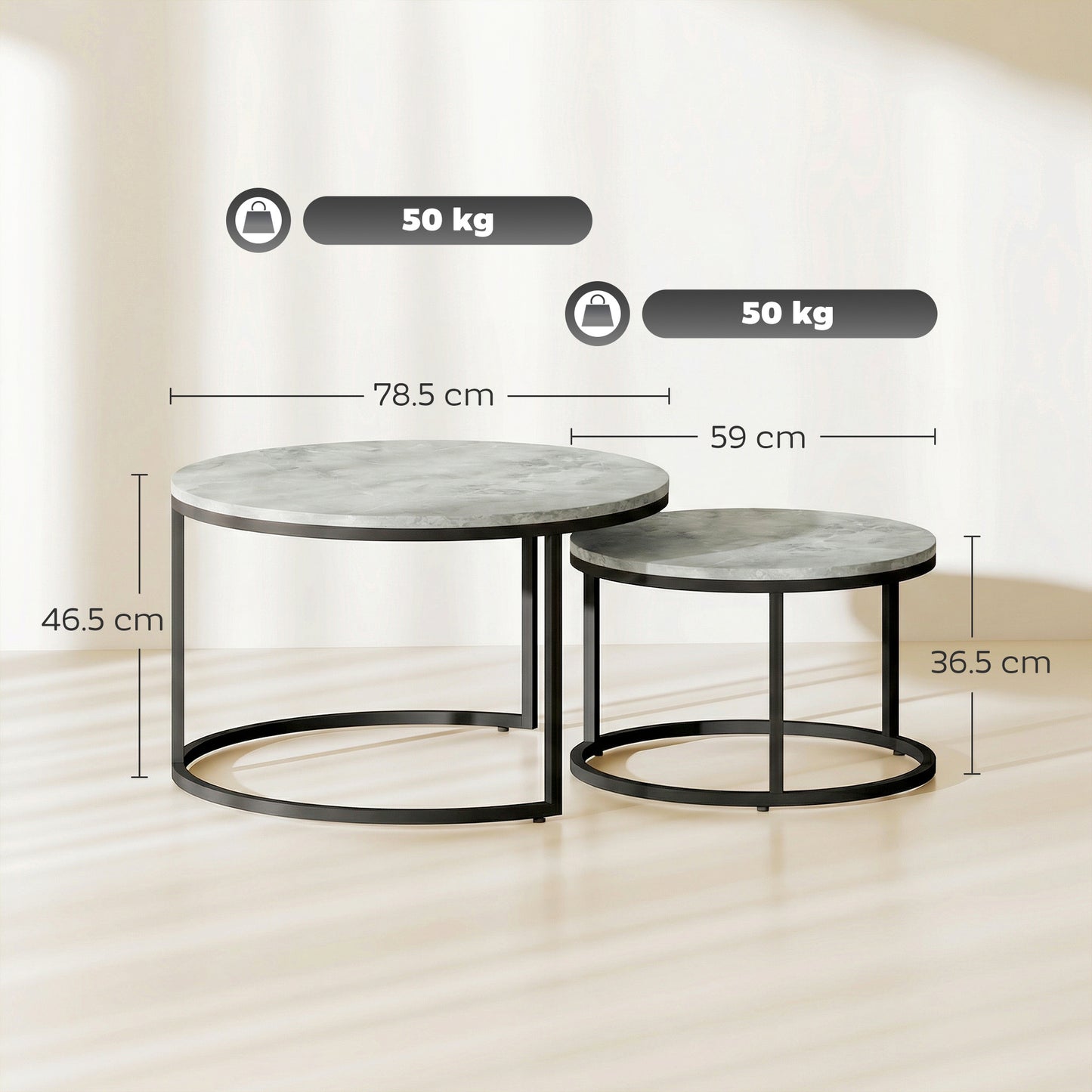 2 Pcs Stacking Coffee Table Set Steel Frame, Marble Grey