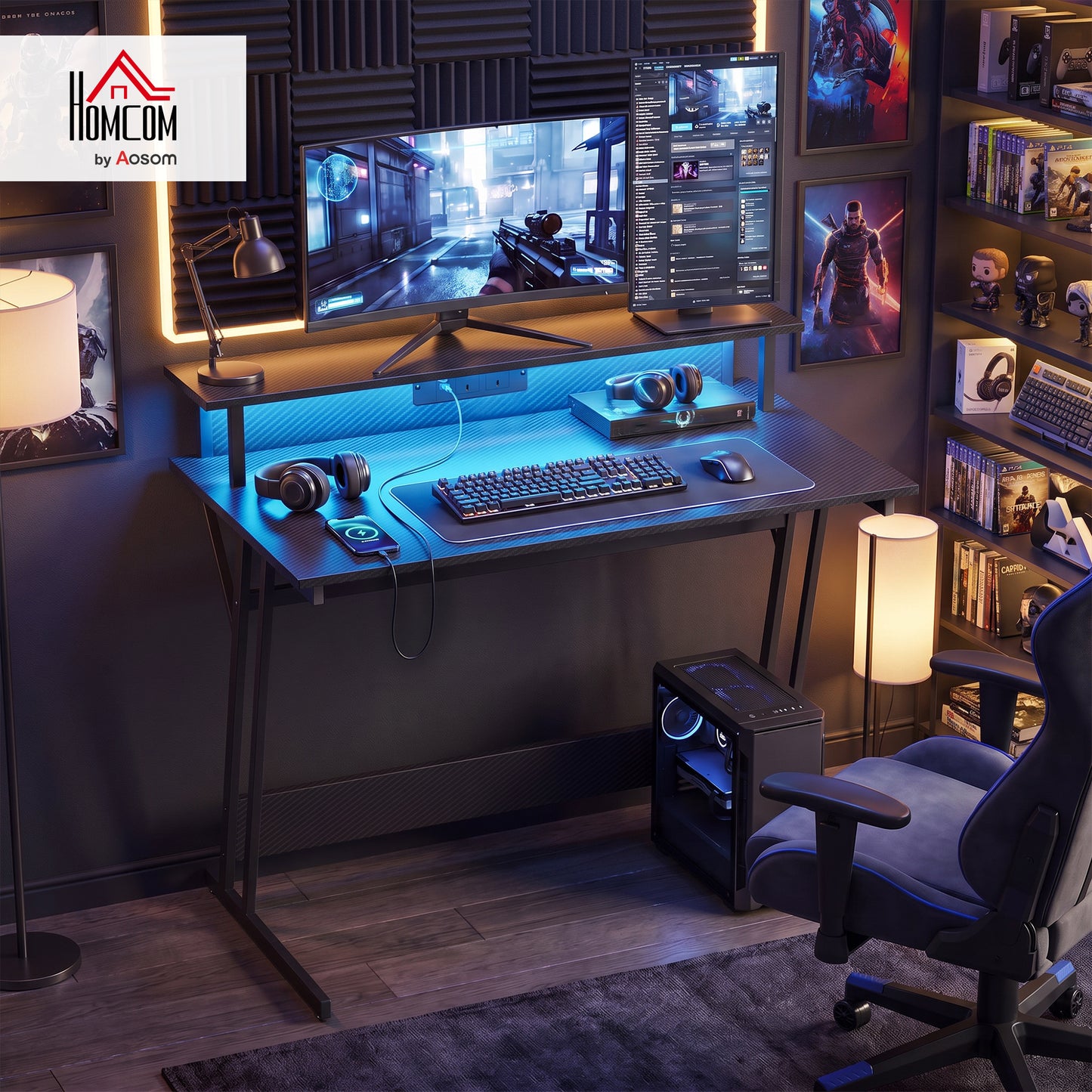 LED Gaming Desk with Power Outlets and Monitor Stand 100 x 60cm Black