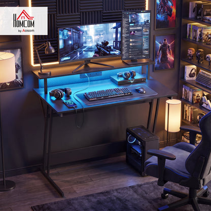 LED Gaming Desk with Power Outlets and Monitor Stand 100 x 60cm Black