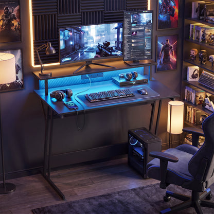 LED Gaming Desk with Power Outlets and Monitor Stand 100 x 60cm Black