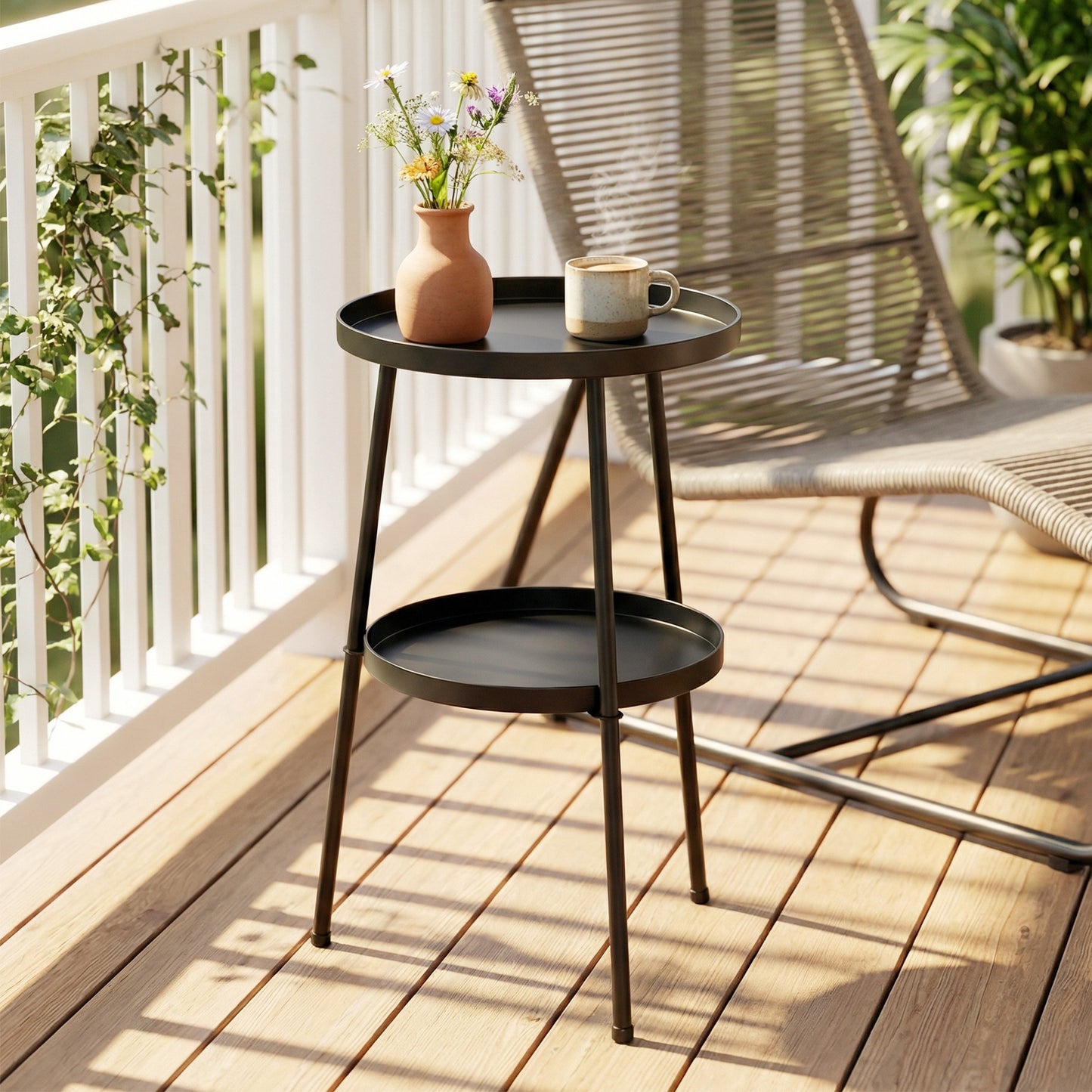 Patio Side Table, 2-Tier Round Coffee End Table, Black