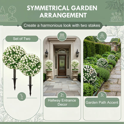 Set of 2 55 cm Artificial Rose Topiary with Ground Stake, UV-Resistant Fake Plants with 306 Roses and Leaves for Indoor Outdoor Home Office Garden Decor, White