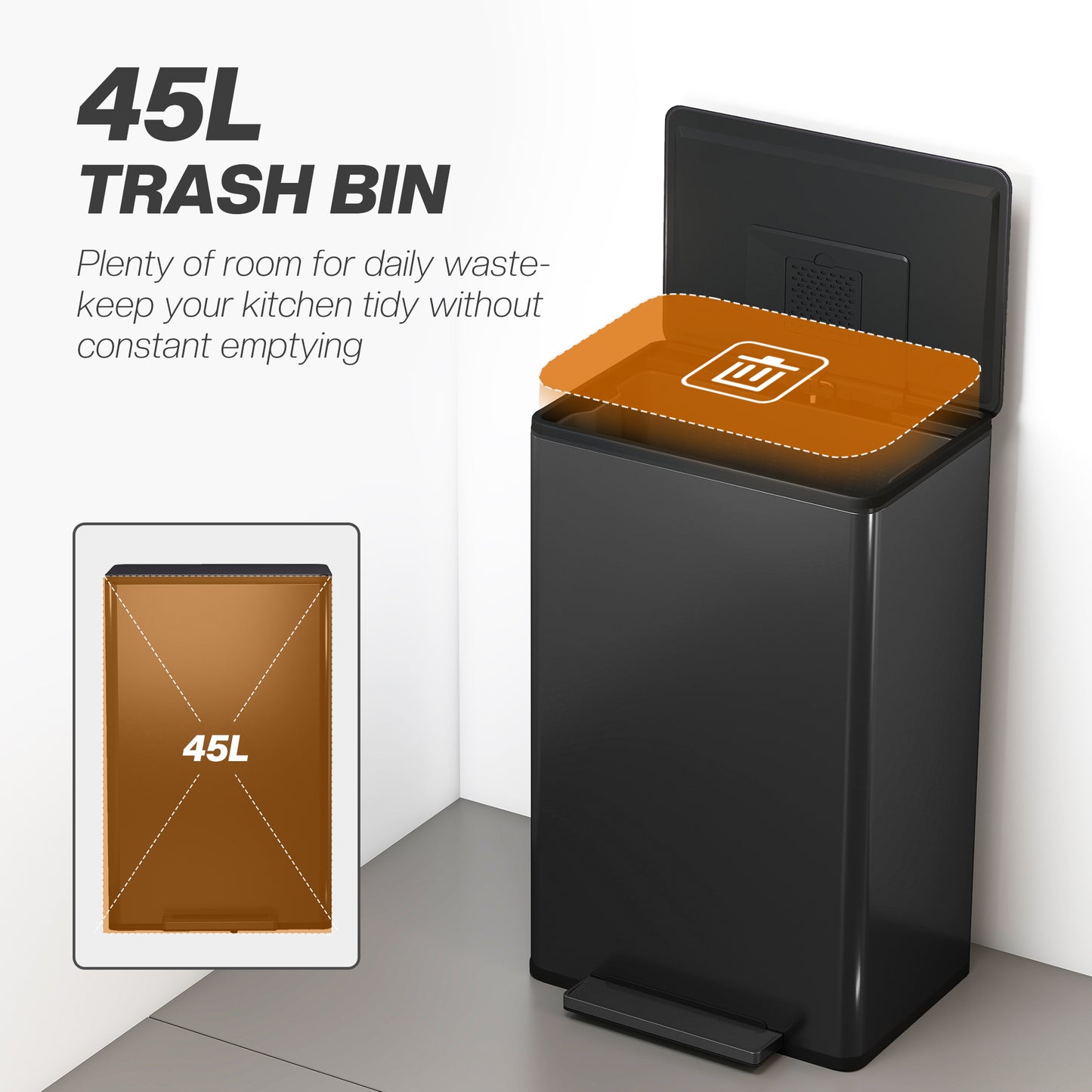 45L Kitchen Bin, Pedal Bin with Soft-Close Lid, Removable Bucket