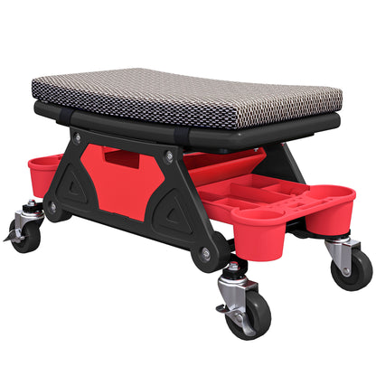 Rolling Mechanic Stool, 135kg Capacity Workshop Stool, 360° Swivel Roller Padded Creeper Seat with Wheels, Slide Out Tool Trays and Drawer for Garage, Shop, Auto Repair, Black