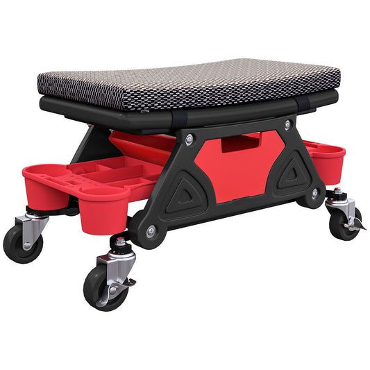 Rolling Mechanic Stool, 135kg Capacity Workshop Stool, 360° Swivel Roller Padded Creeper Seat with Wheels, Slide Out Tool Trays and Drawer for Garage, Shop, Auto Repair, Black