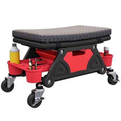 Rolling Mechanic Stool, 135kg Capacity Workshop Stool, 360° Swivel Roller Padded Creeper Seat with Wheels, Slide Out Tool Trays and Drawer for Garage, Shop, Auto Repair, Black