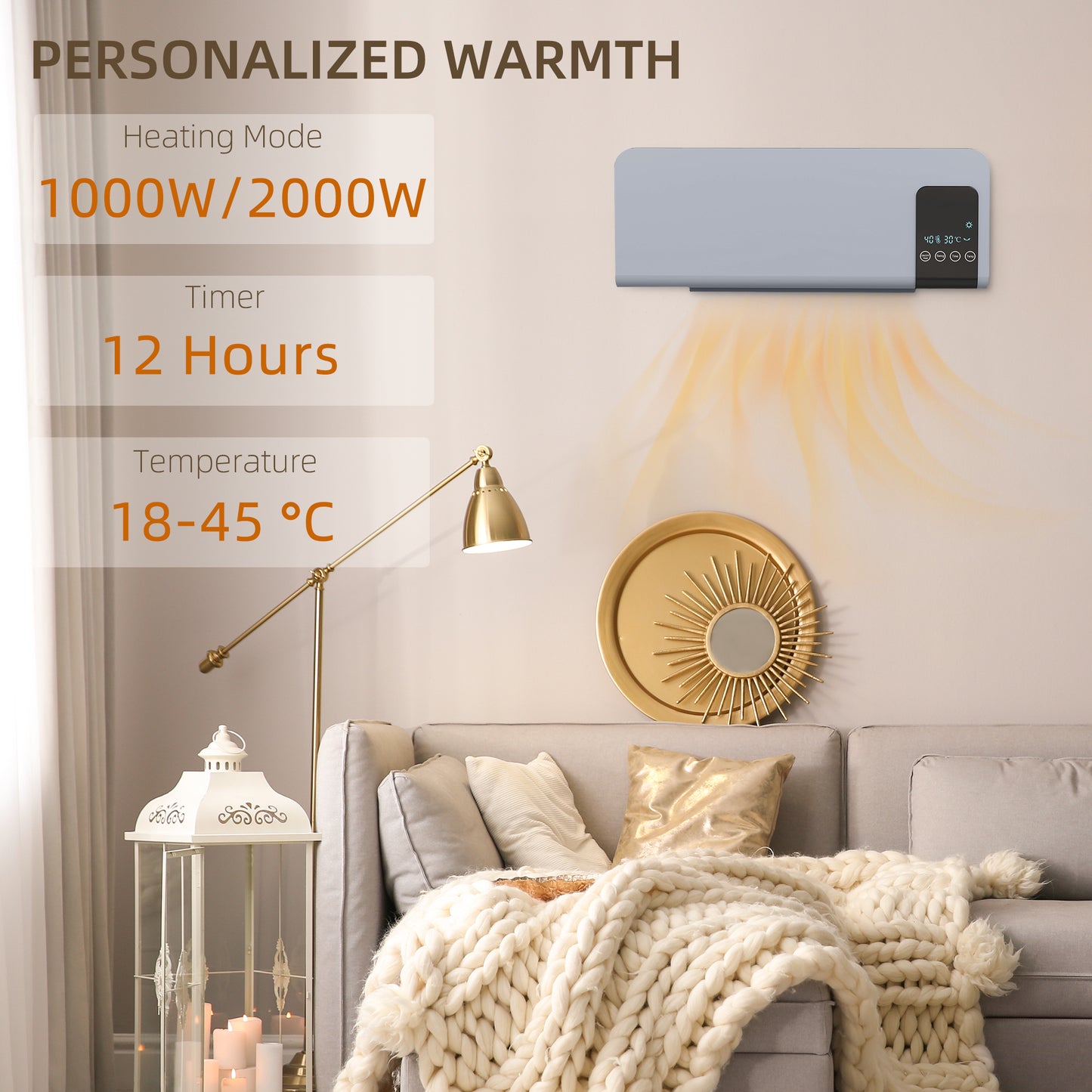 2000W Wall Mounted Ceramic Heater with Remote Control for Home, Grey