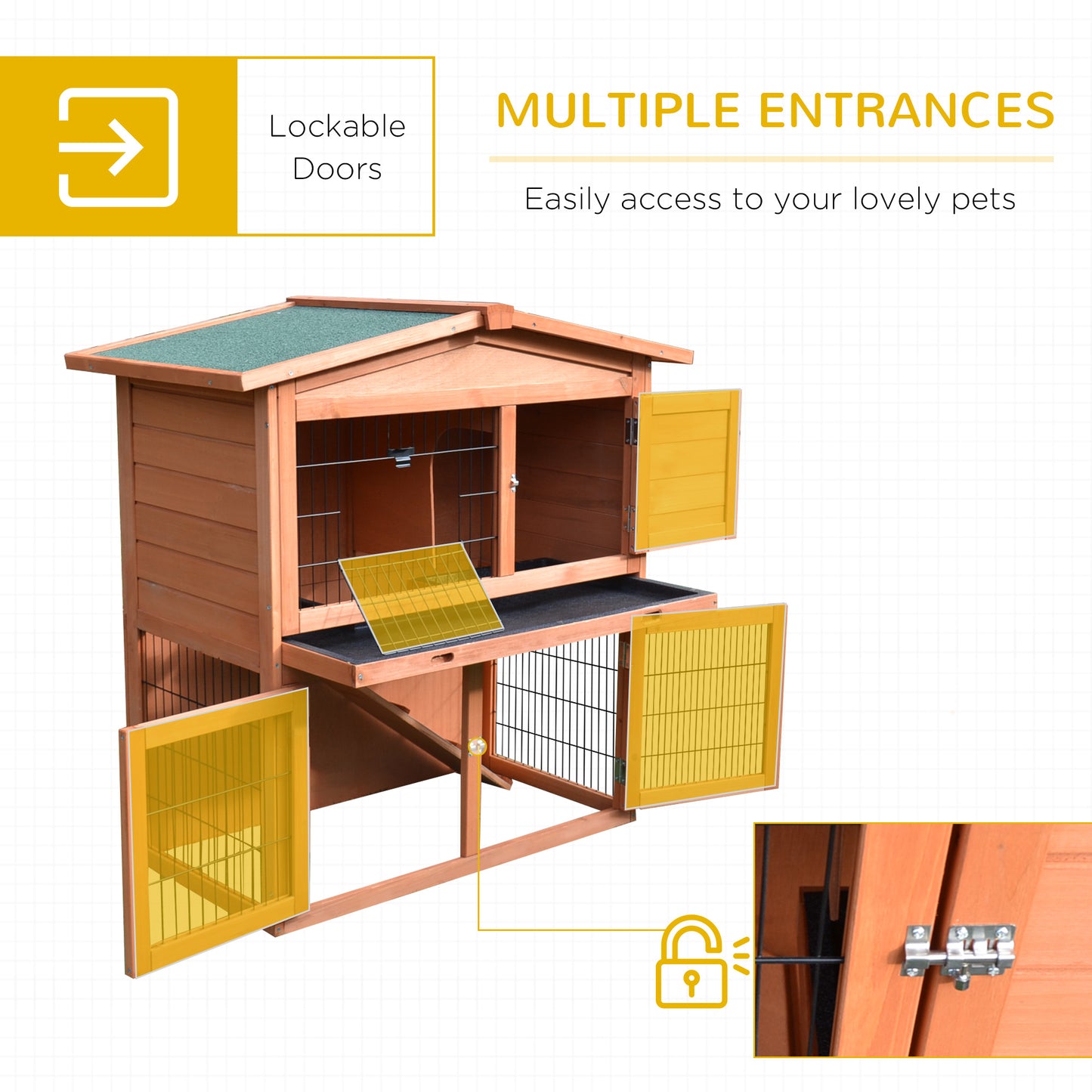 Rabbit Hutch, 2-Tier Bunny Cage with No-Leak Tray & Ramp, Outdoor