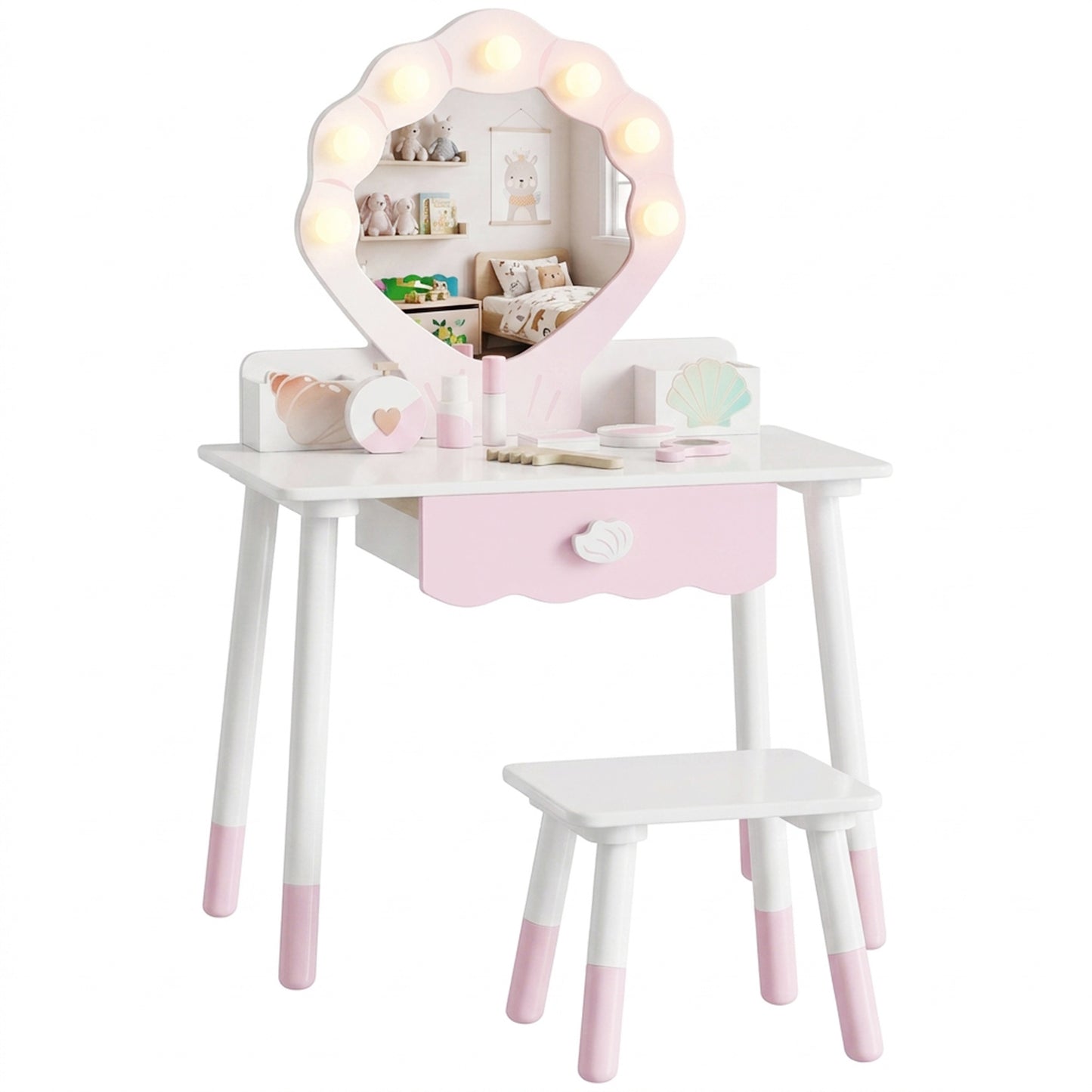 Kids Vanity Set with Chair, Acrylic Mirror, Lighted Bulbs, Pink