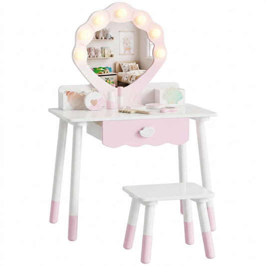 Kids Vanity Set with Chair, Acrylic Mirror, Lighted Bulbs, Pink