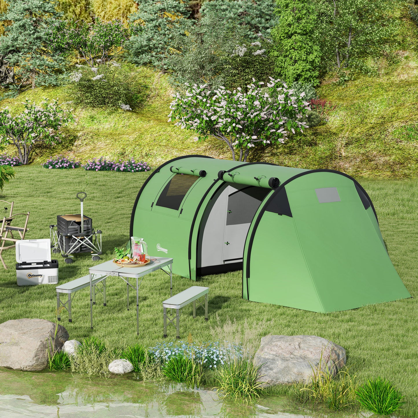 2 Room Camping Family Tent for 3-4 Man, 3000mm Waterproof, Green