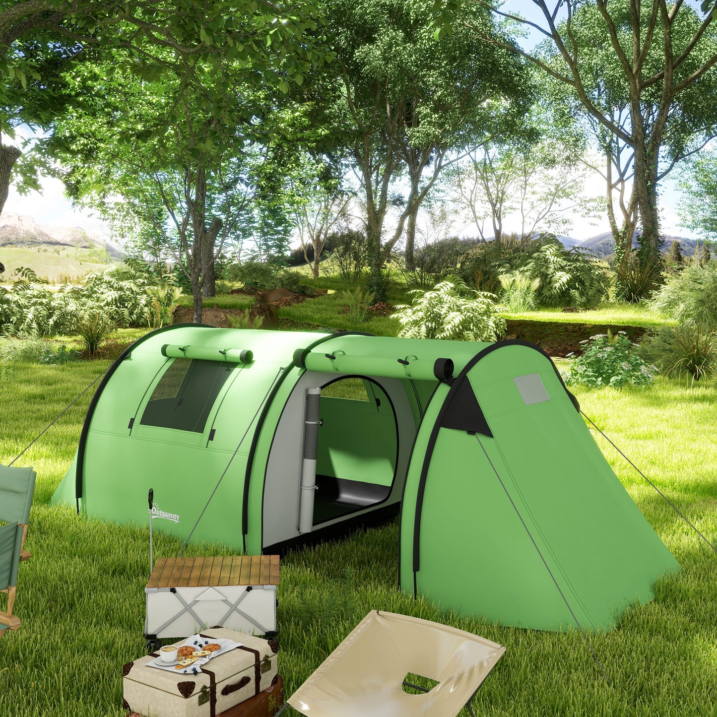 2 Room Camping Family Tent for 3-4 Man, 3000mm Waterproof, Green