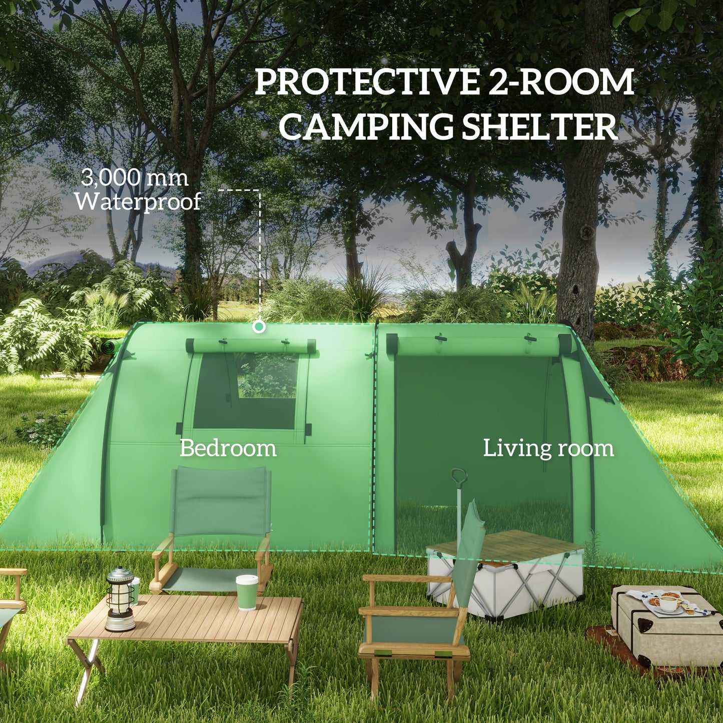 2 Room Camping Family Tent for 3-4 Man, 3000mm Waterproof, Green