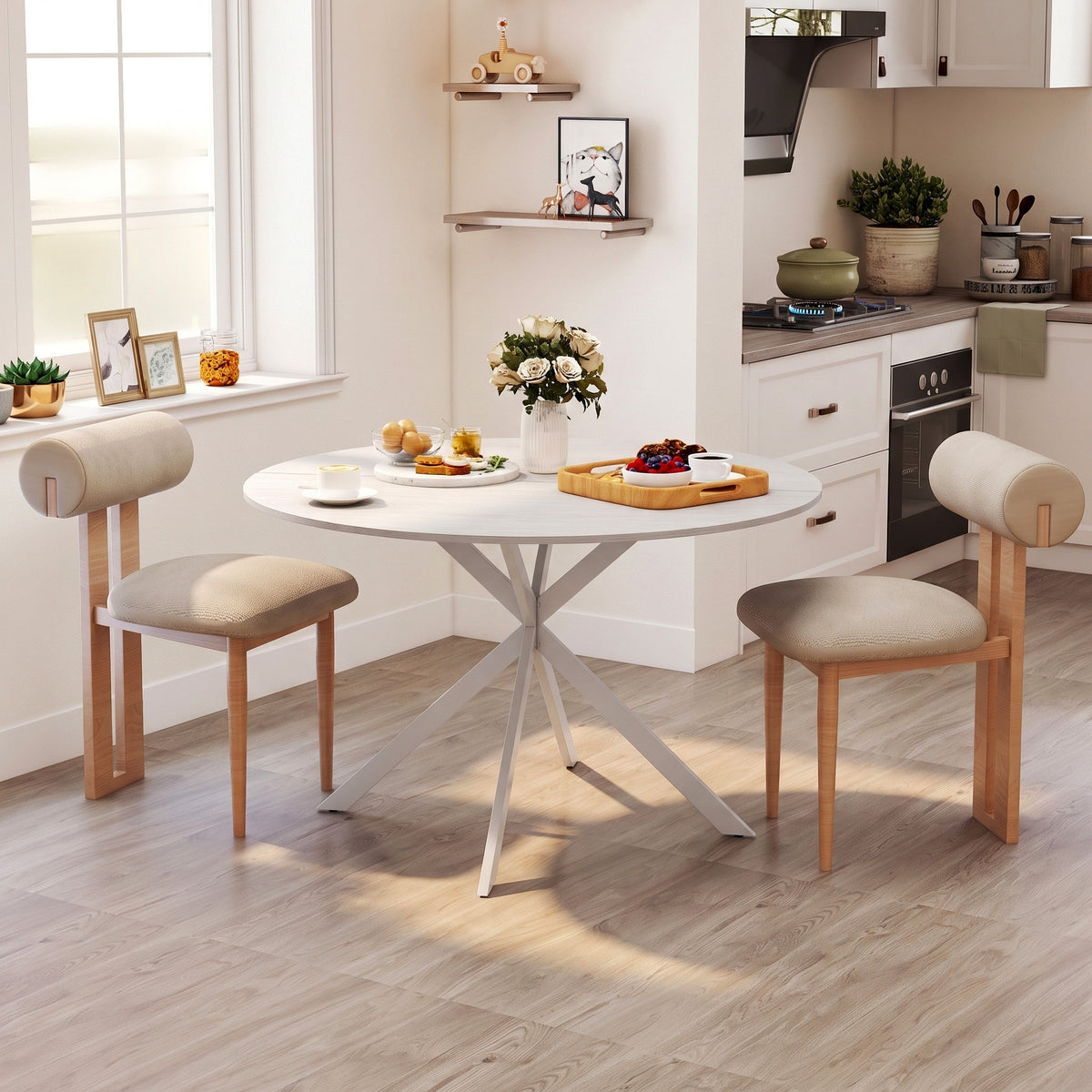Round Wood-Effect Dining Table for 4 with Steel Cross Legs - White