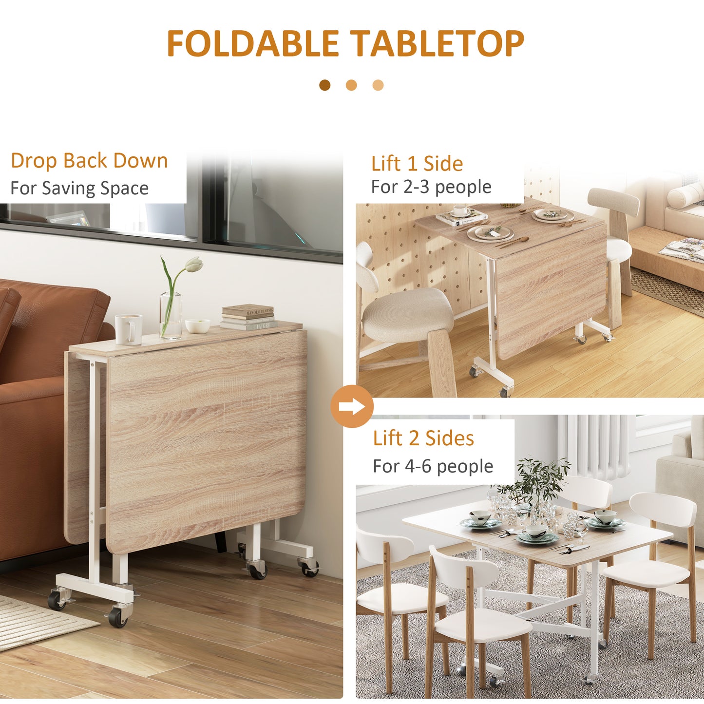 Drop Leaf Table with Wheels Folding Dining Table for Small Spaces, Nature