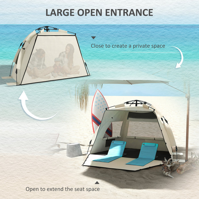 2-3 Person Pop Up Beach Tent, UPF15+ Sun Shelter with Extended Floor, Sandbags, Mesh Windows and Carry Bag, Khaki