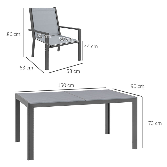 7 Pieces Garden Dining Set with Wood-plastic Composite Dining Table, and 6 Stackable Armchairs with Breathable Mesh Fabric