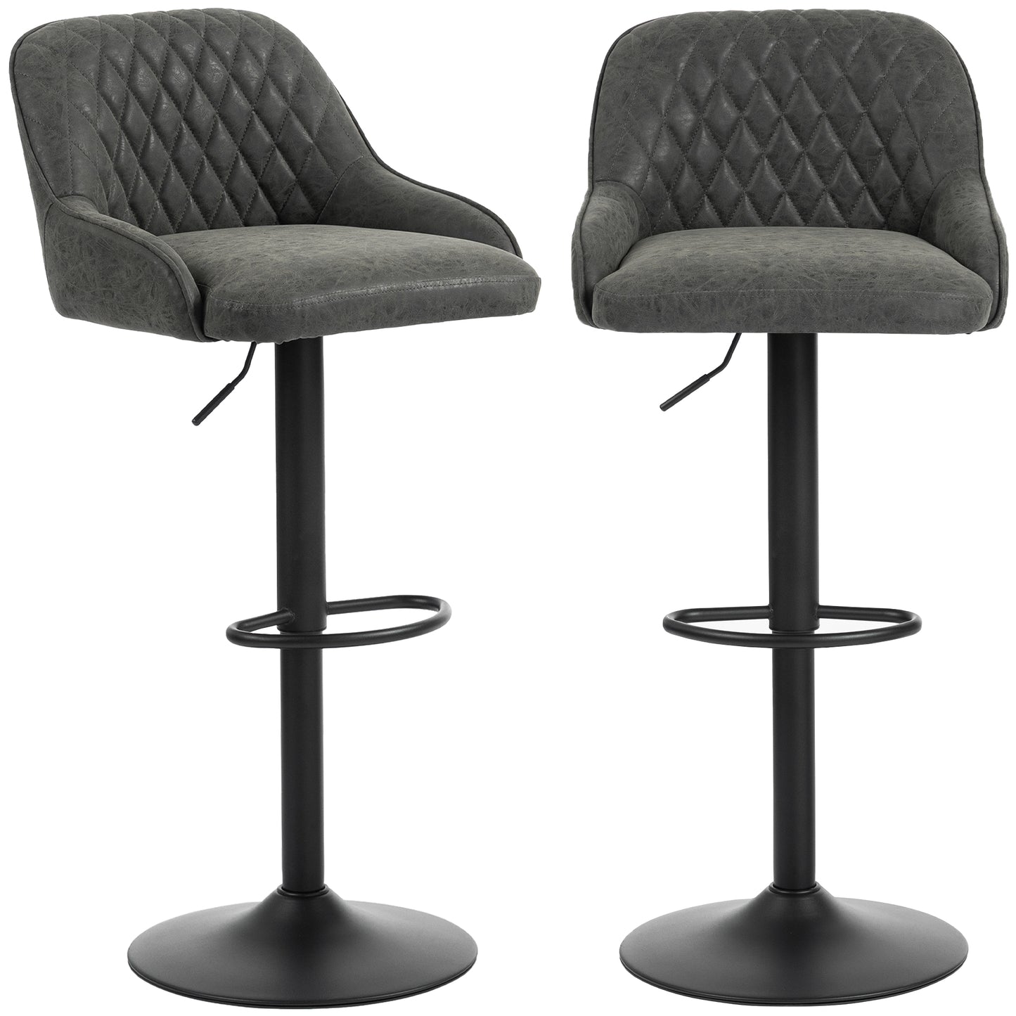 Breakfast Bar Stools Set of 2 with Wide Padded Seat, PU Leather Adjustable Swivel Bar Chairs, Modern Barstools with Footrest for Kitchen Island Counter, Home Bar, Dark Grey