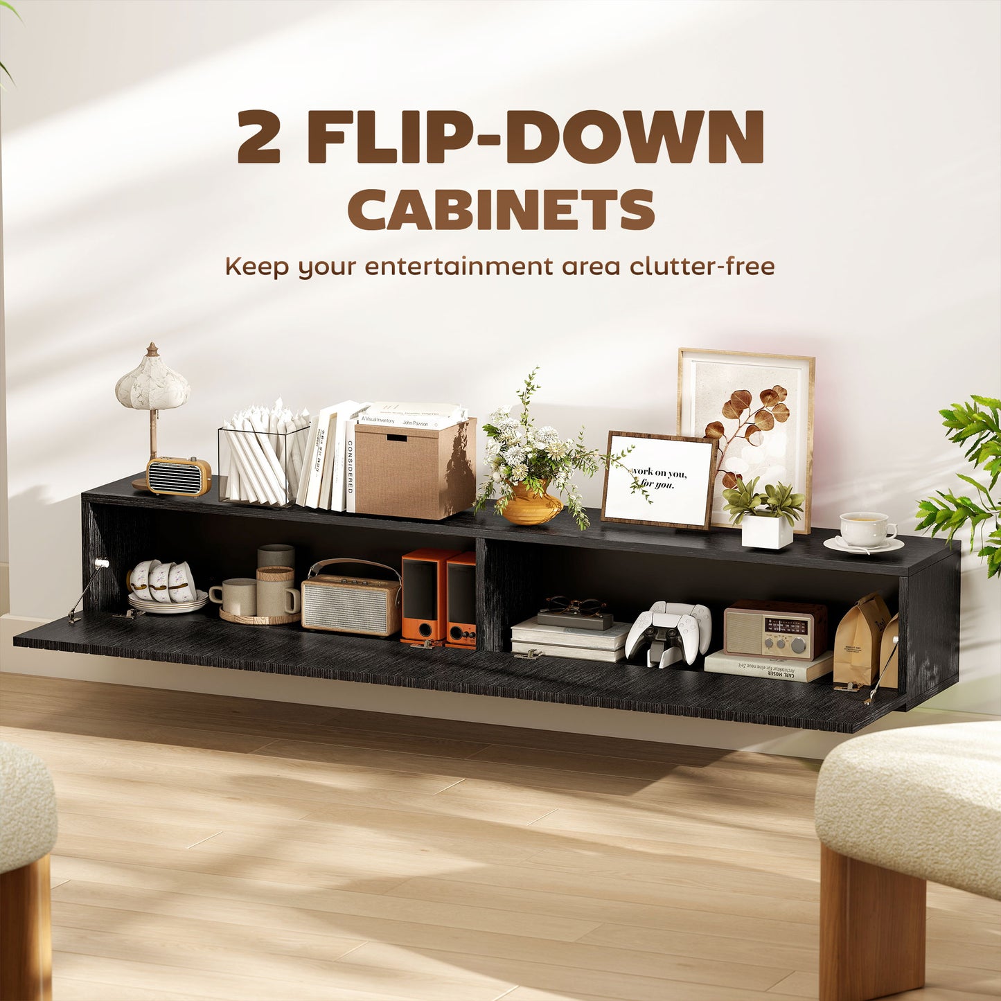 Wall Mount TV Stand Cabinet with Fluted Flip-Down Doors