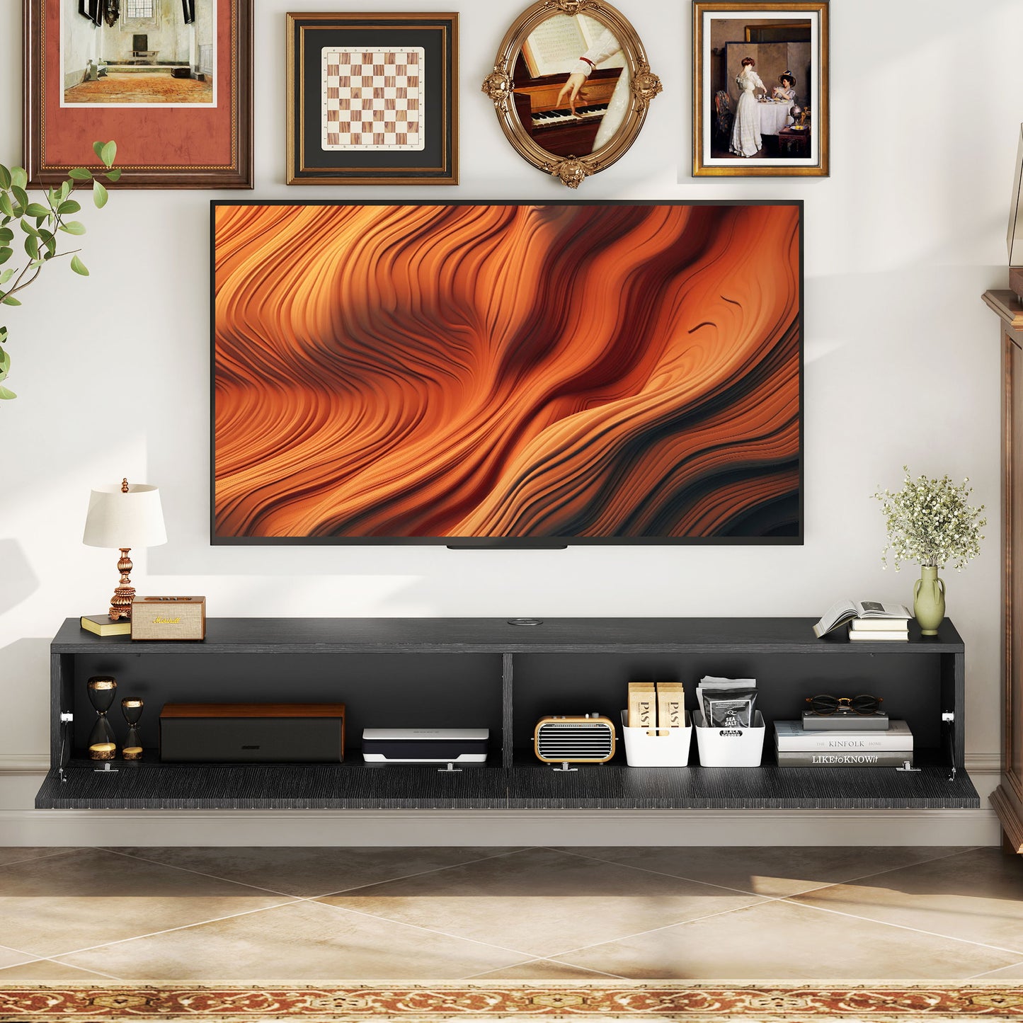 Wall Mount TV Stand Cabinet with Fluted Flip-Down Doors
