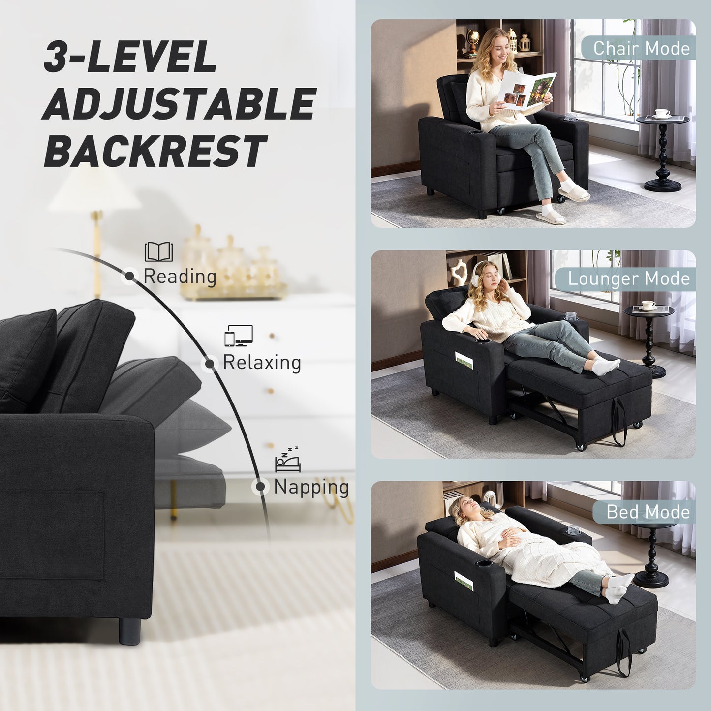3-in-1 Sofa Bed, Convertible Sleeper Chair with Adjustable Backrest