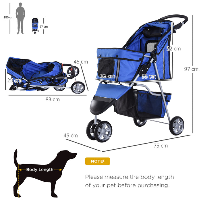 Dog Pram Pet Travel Stroller Dog Pushchair W/Three Wheels-Blue