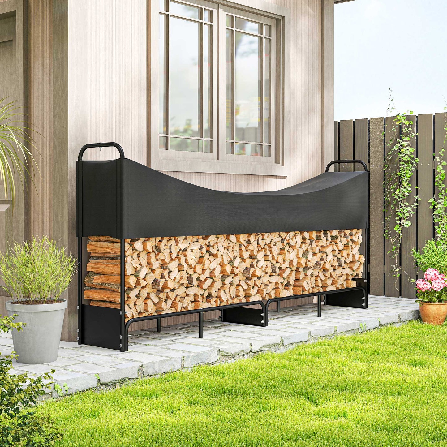 8.5ft Firewood Rack, Log Storage Holder with Waterproof Cover