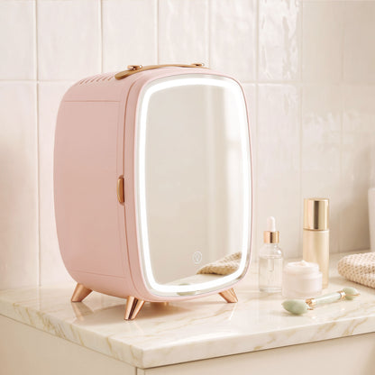 Skincare Refrigerator with LED Mirror, Cooling Function, Pink