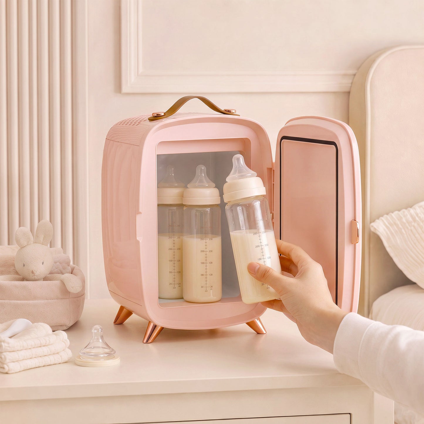 Skincare Refrigerator with LED Mirror, Cooling Function, Pink