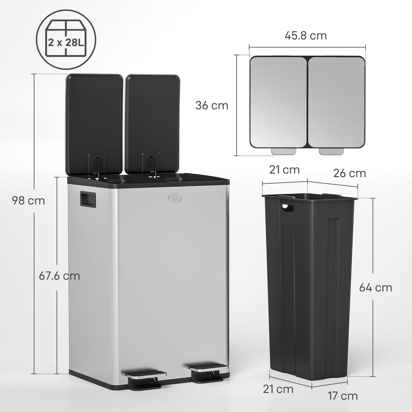 2 x 28L Dual Kitchen Bin Pedal Bin for Recycling and Waste, Silver