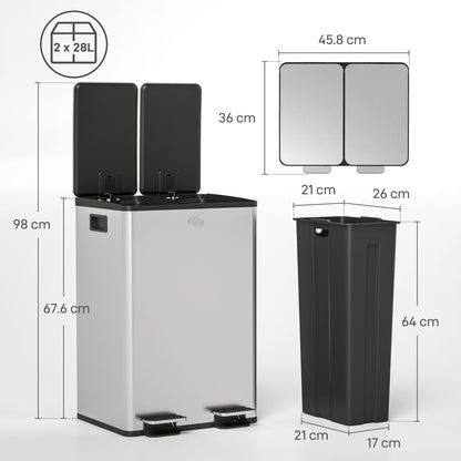 2 x 28L Dual Kitchen Bin Pedal Bin for Recycling and Waste, Silver