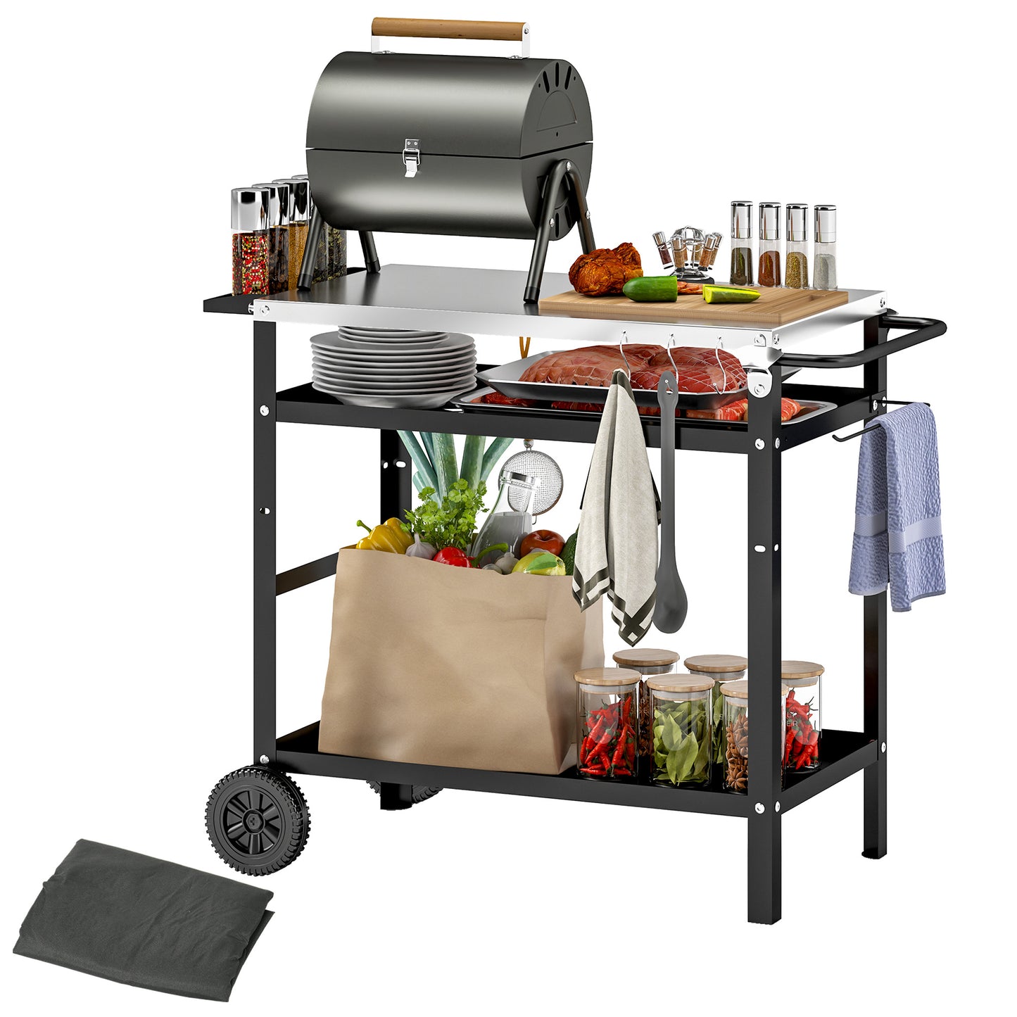 BBQ Trolley with Stainless Steel Top, Movable Pizza Table, Black