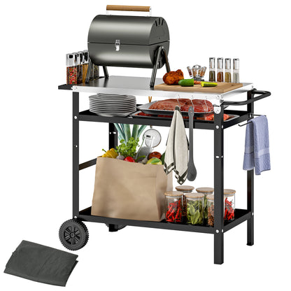 BBQ Trolley with Stainless Steel Top, Movable Pizza Table, Black