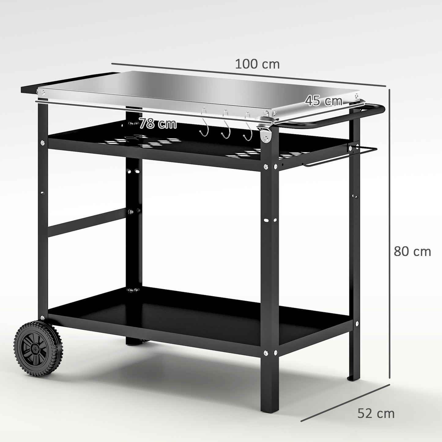 BBQ Trolley with Stainless Steel Top, Movable Pizza Table, Black