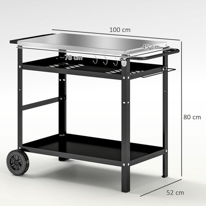 BBQ Trolley with Stainless Steel Top, Movable Pizza Table, Black