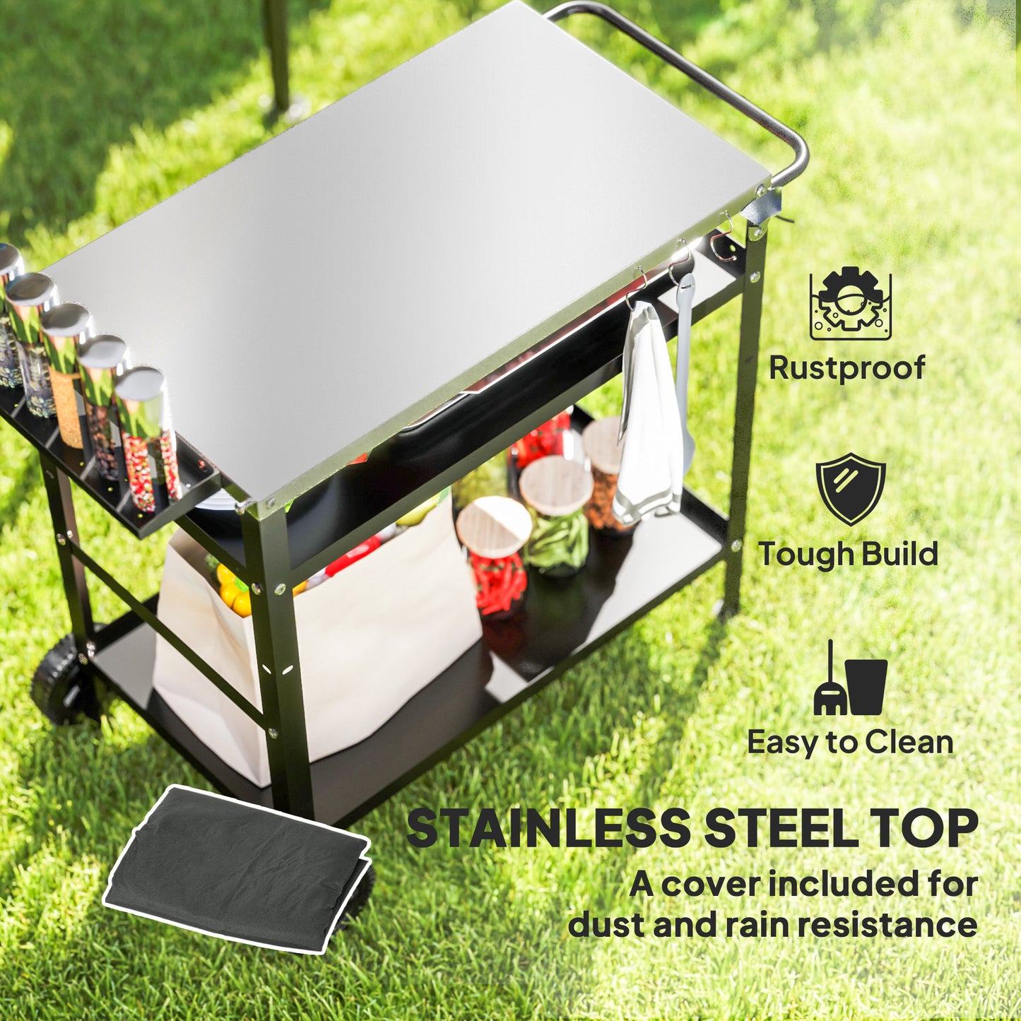 BBQ Trolley with Stainless Steel Top, Movable Pizza Table, Black