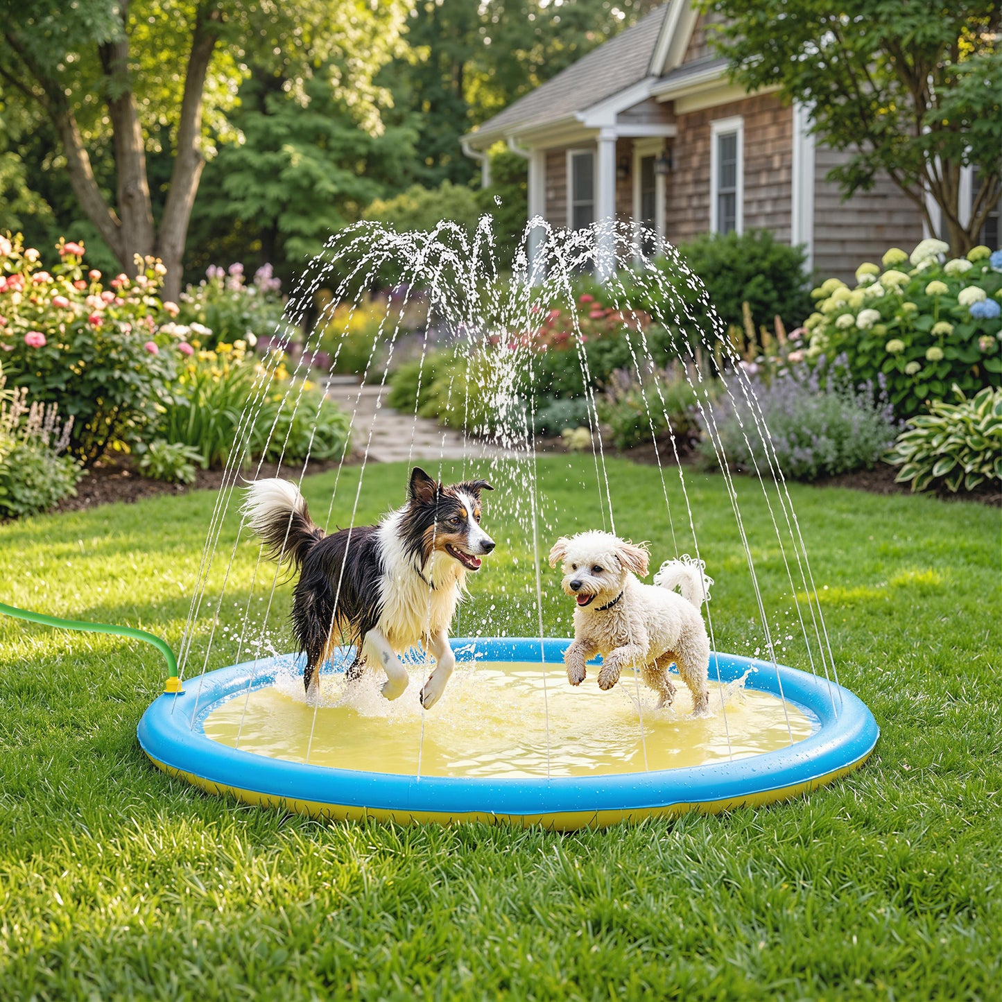Dog Splash Pad, Pet Sprinkler Mat, Non-Slip Dog Paddling Pool, Foldable Outdoor Sprinkler and Splash Mat Water Play for Garden, Patio, Summer Fun, 170 cm, Yellow