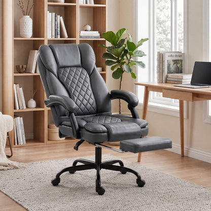 High-Back Executive Home Office Chair, PU Leather Computer Desk Chair with 360 Degree Swivel, Reclining Function, Retractable Footrest and Adjustable Height, Grey