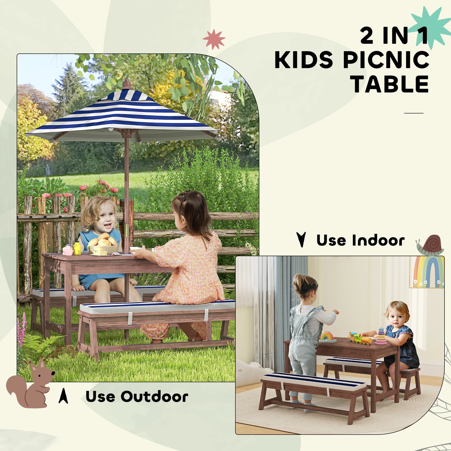 Kids Picnic Table, Wooden Kids Garden Furniture with Umbrella