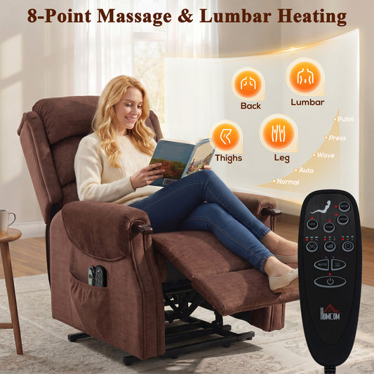 Power Lift Recliner Chair with Vibration Massage and Heat, Electric Lift Chair with Wood Grip, Pocket Spring, Fabric Riser and Reclining Armchair with Remote, Quick Assembly, Brown
